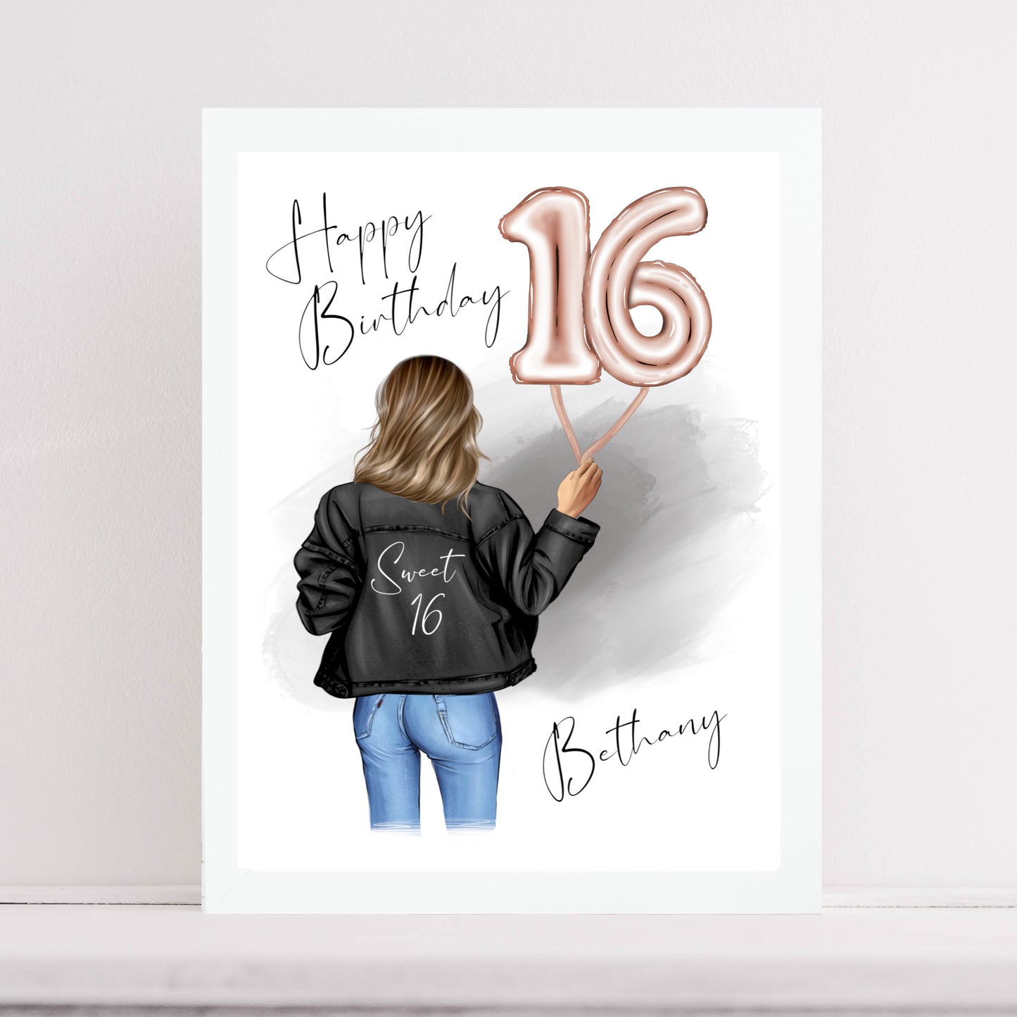 Personalised Sweet Sixteen Illustration Print - Leather Jacket Design