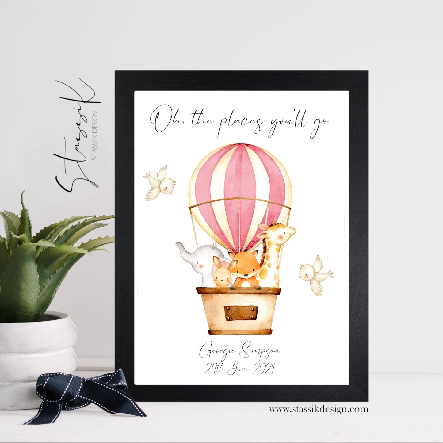 Personalised Nursery Print - 'Oh the places you'll go' - Pink