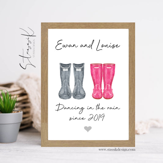 Personalised Couple Welly Boot Print - 'Dancing in the rain'